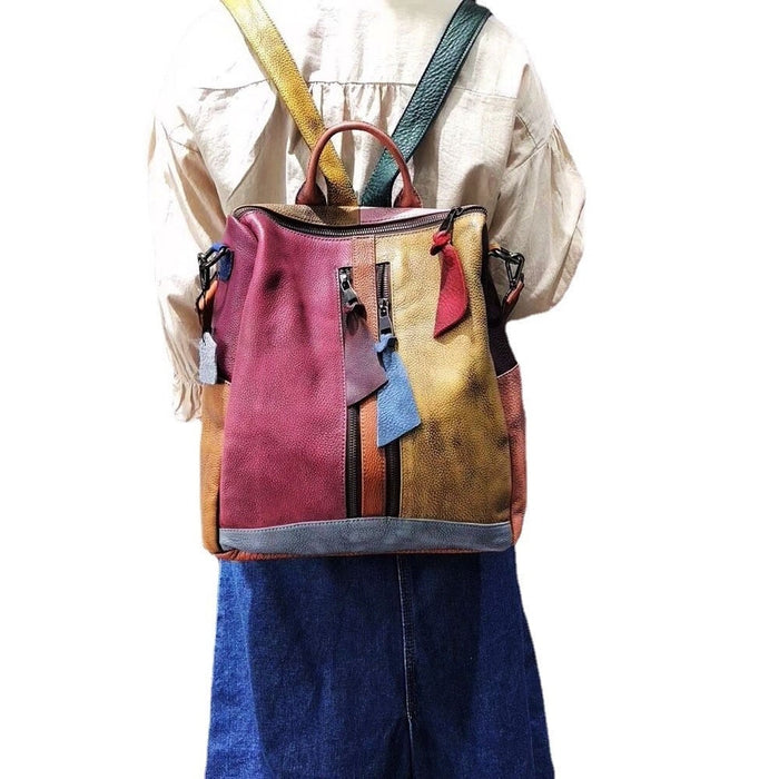 Multicolor Women Leather Zipper Backpack