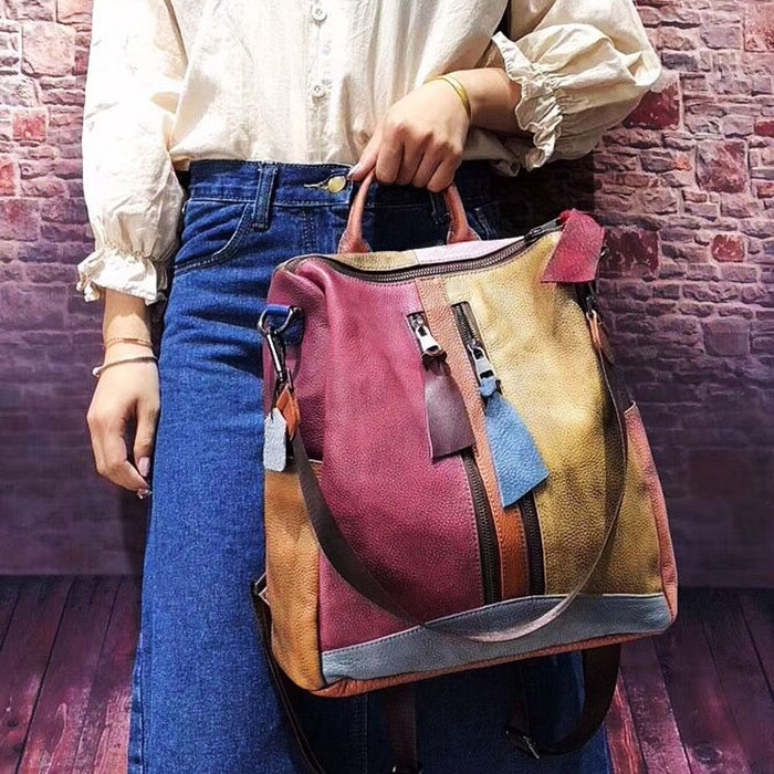 Multicolor Women Leather Zipper Backpack