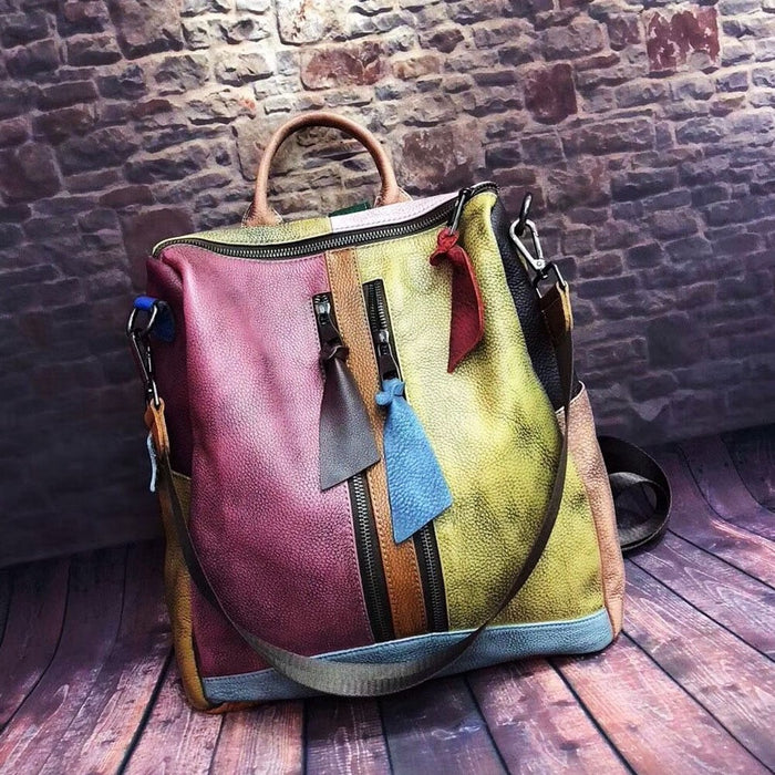 Multicolor Women Leather Zipper Backpack