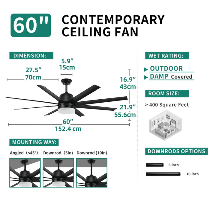 60 Inch Indoor Modern Chandelier Lamp LED Ceiling Fan Light with Remote 8 Blades