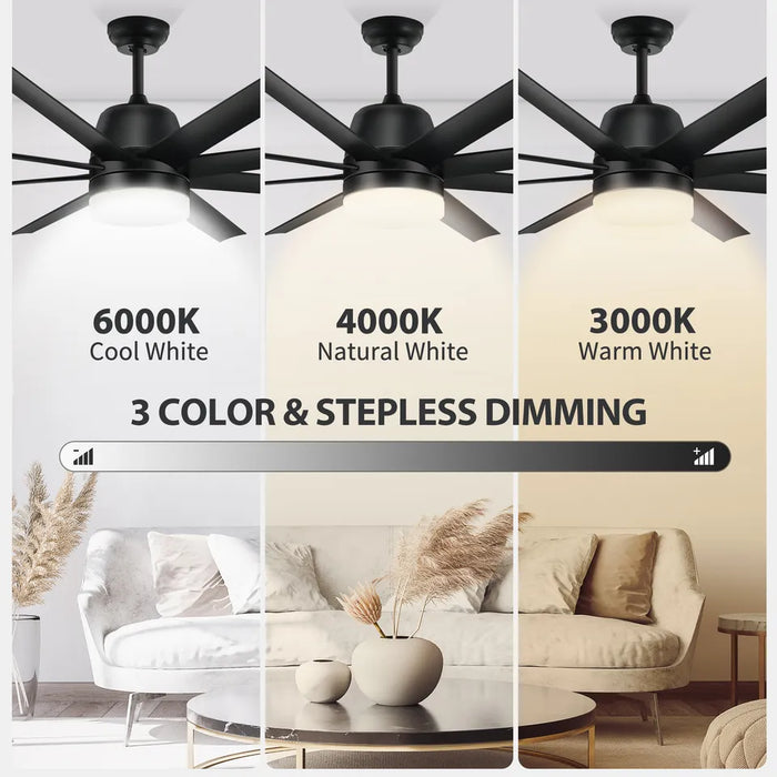 60 Inch Indoor Modern Chandelier Lamp LED Ceiling Fan Light with Remote 8 Blades