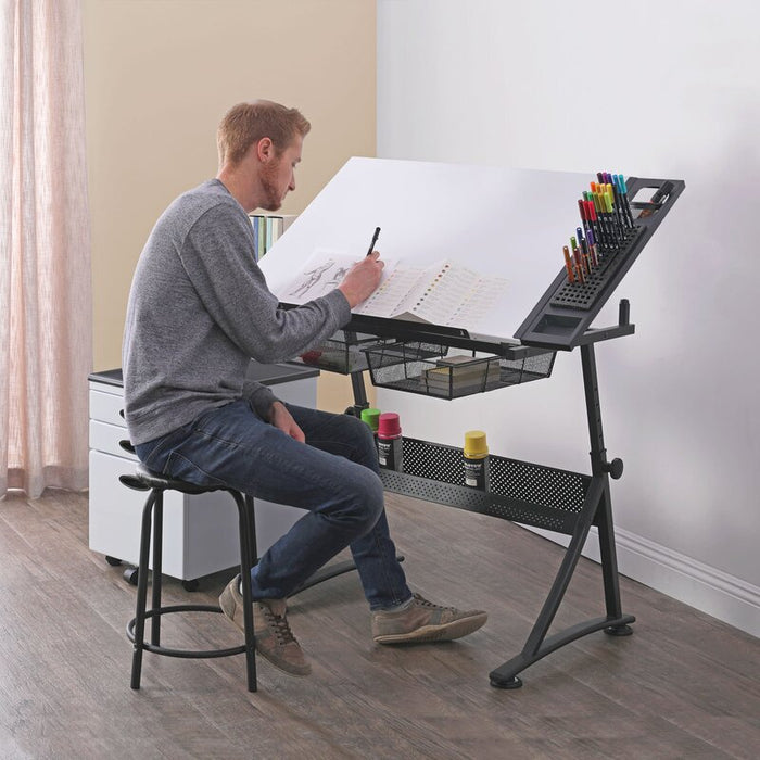 Drafting Table with Adjustable Glass Tabletop and Chair Set