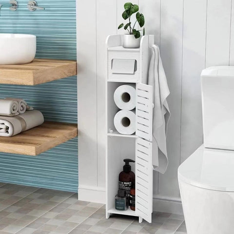 Free Standing Bathroom Toilet Paper Storage Cabinet With Doors and Shelves - White
