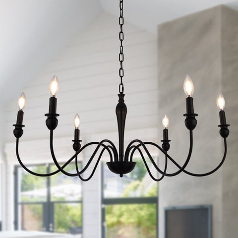 Farmhouse Chandelier for Dining Room | 6 lamp Candelabra Fixture | Matte Black