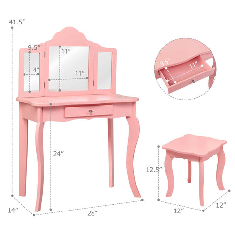 Kids vanity princess makeup table - With stool and tri-folding mirror