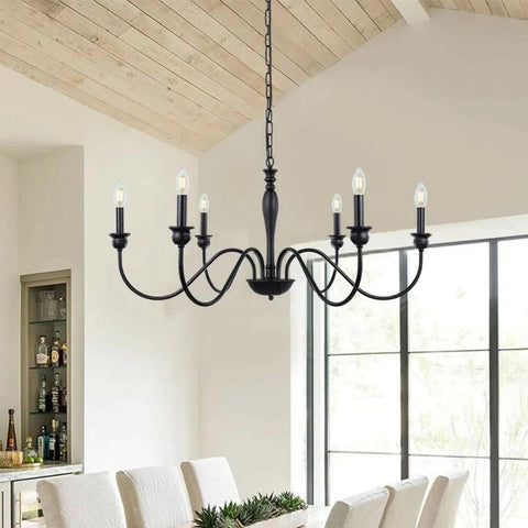 Farmhouse Chandelier for Dining Room | 6 lamp Candelabra Fixture | Matte Black