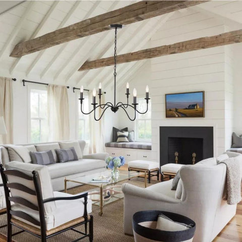 Farmhouse Chandelier for Dining Room | 6 lamp Candelabra Fixture | Matte Black