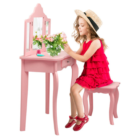 Kids vanity princess makeup table - With stool and tri-folding mirror