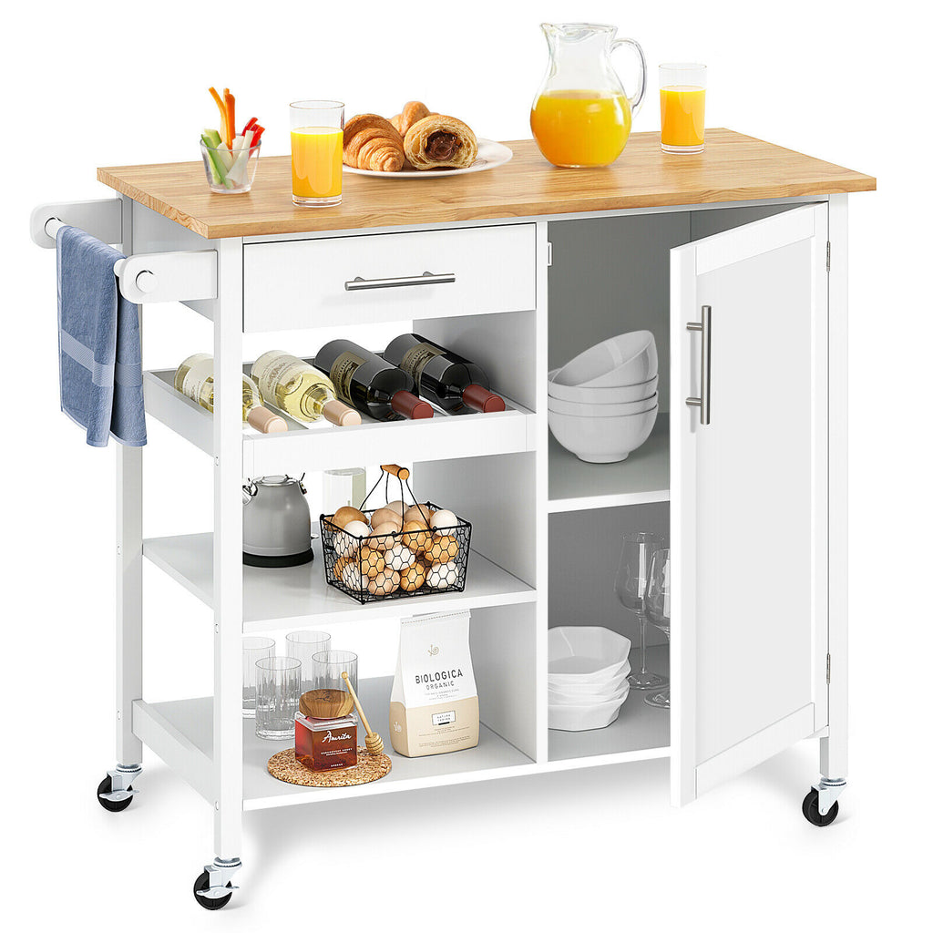 Rolling kitchen island cart with storage -  Solid wood top and wheels - In white