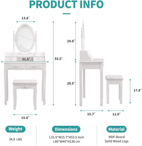 Makeup vanity table set with drawers, mirror and stool