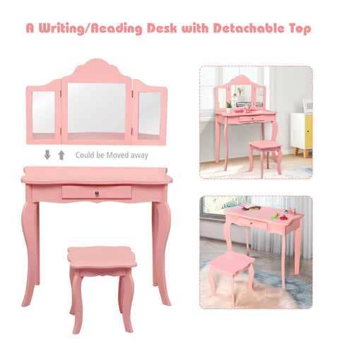 Kids vanity princess makeup table - With stool and tri-folding mirror