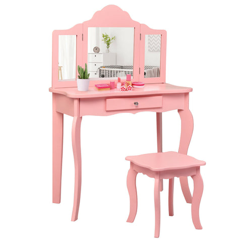 Kids vanity princess makeup table - With stool and tri-folding mirror