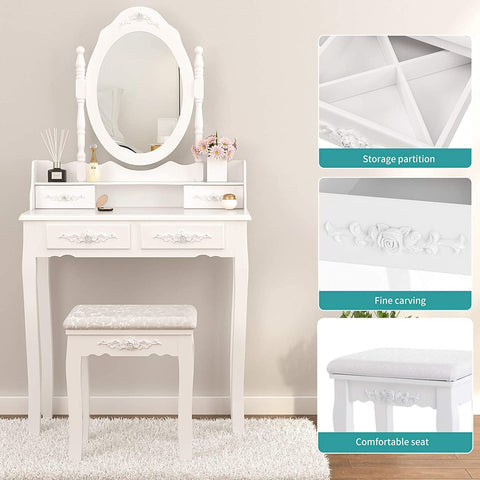 Makeup vanity table set with drawers, mirror and stool