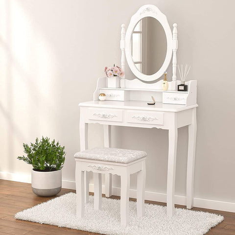 Makeup vanity table set with drawers, mirror and stool