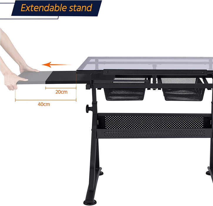 Drafting Table with Adjustable Glass Tabletop and Chair Set