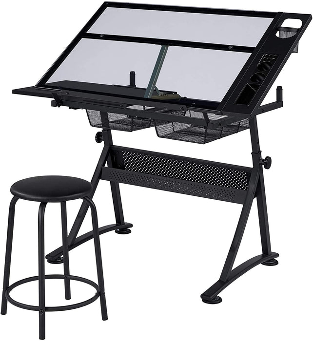 Drafting Table with Adjustable Glass Tabletop and Chair Set