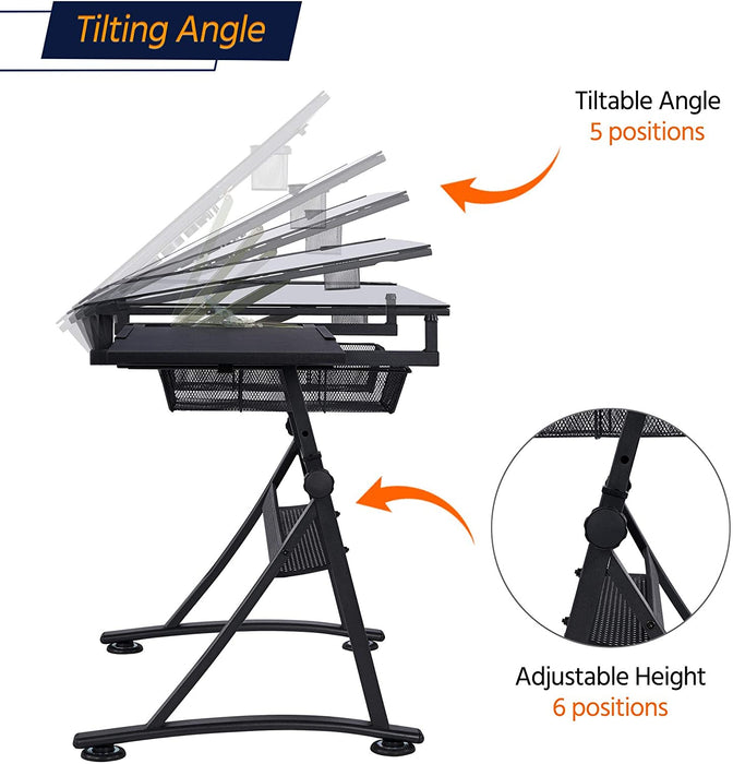 Drafting Table with Adjustable Glass Tabletop and Chair Set