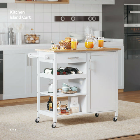 Rolling kitchen island cart with storage -  Solid wood top and wheels - In white
