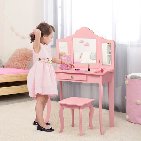 Kids vanity princess makeup table - With stool and tri-folding mirror