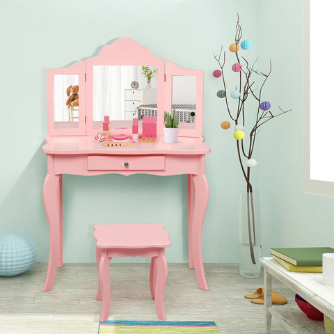 Kids vanity princess makeup table - With stool and tri-folding mirror