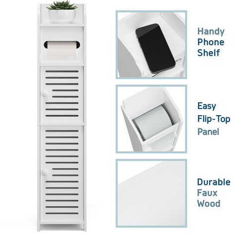 Free Standing Bathroom Toilet Paper Storage Cabinet With Doors and Shelves - White