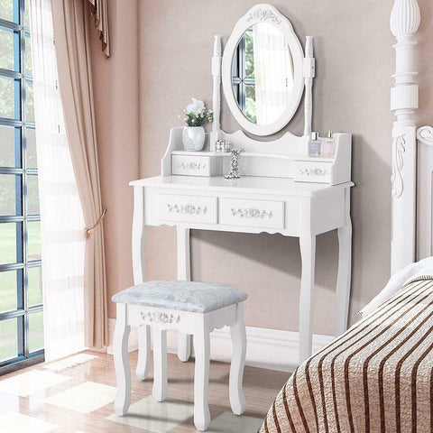 Makeup vanity table set with drawers, mirror and stool