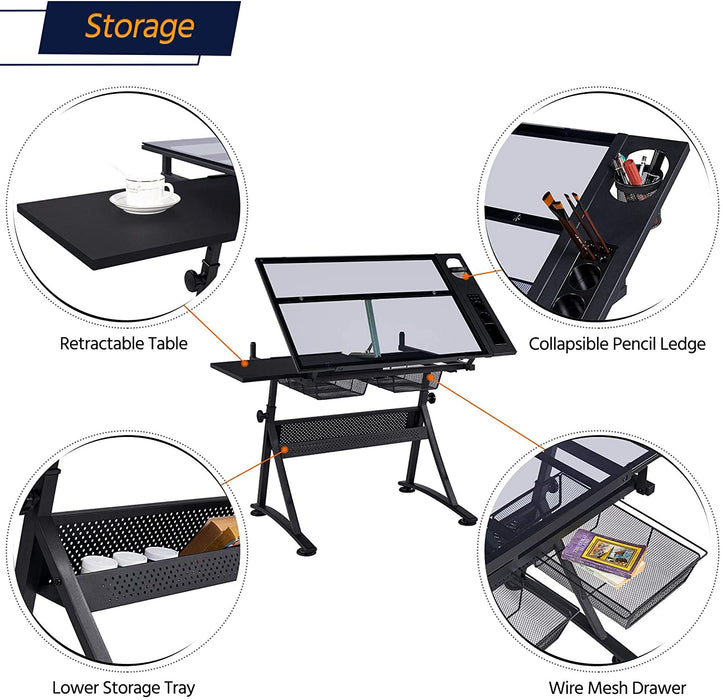 Drafting Table with Adjustable Glass Tabletop and Chair Set