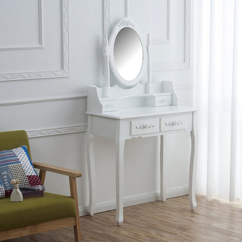 Makeup vanity table set with drawers, mirror and stool