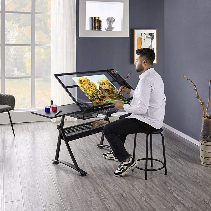 Drafting Table with Adjustable Glass Tabletop and Chair Set