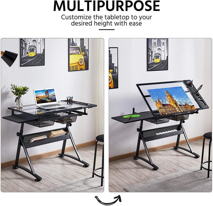 Drafting Table with Adjustable Glass Tabletop and Chair Set