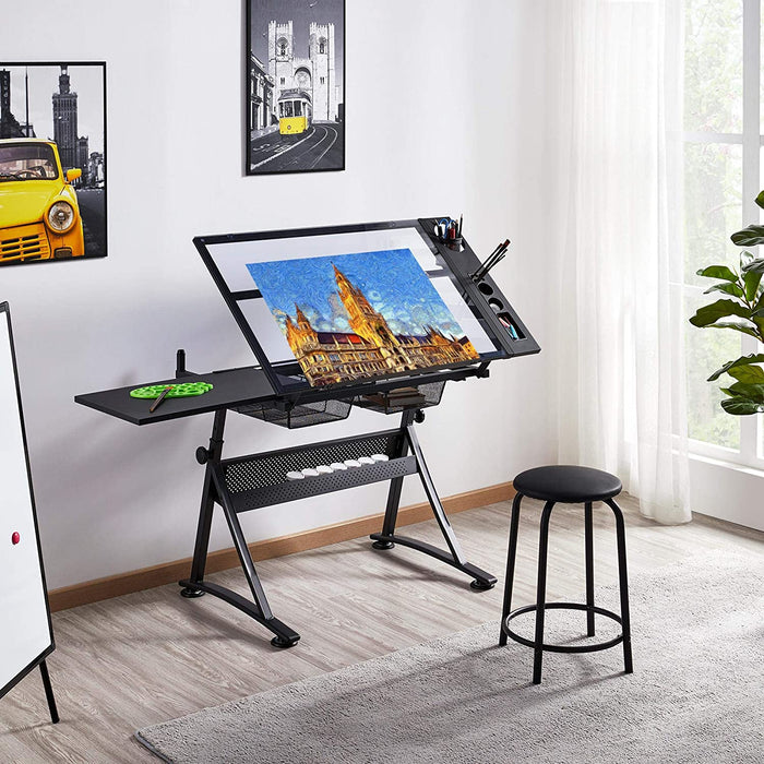 Drafting Table with Adjustable Glass Tabletop and Chair Set