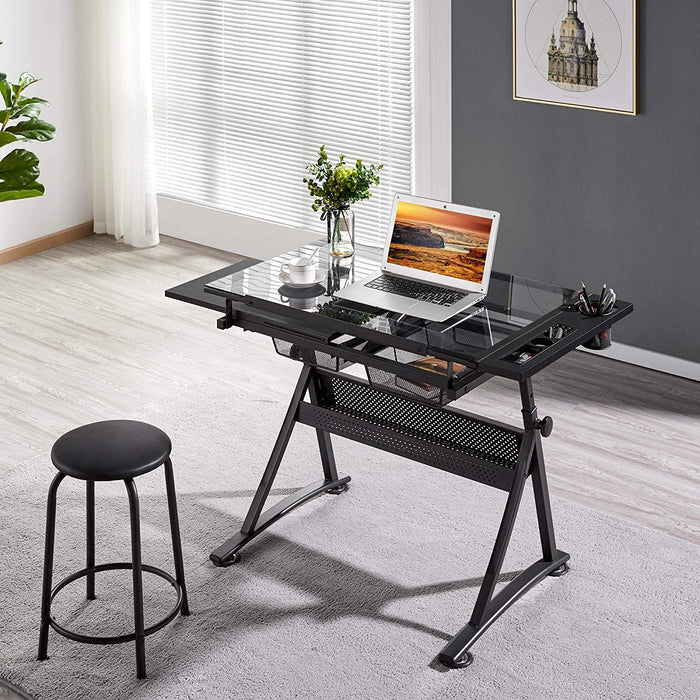 Drafting Table with Adjustable Glass Tabletop and Chair Set