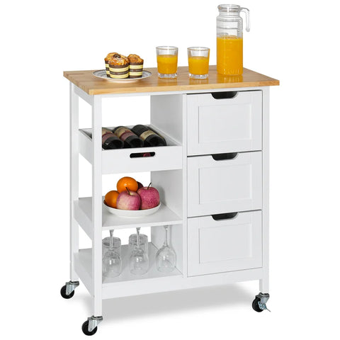 Rolling Kitchen island cart with storage - Trolley In white with solid wood top