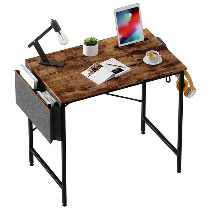 Small Computer Desk with Storage Bag and Side Hooks