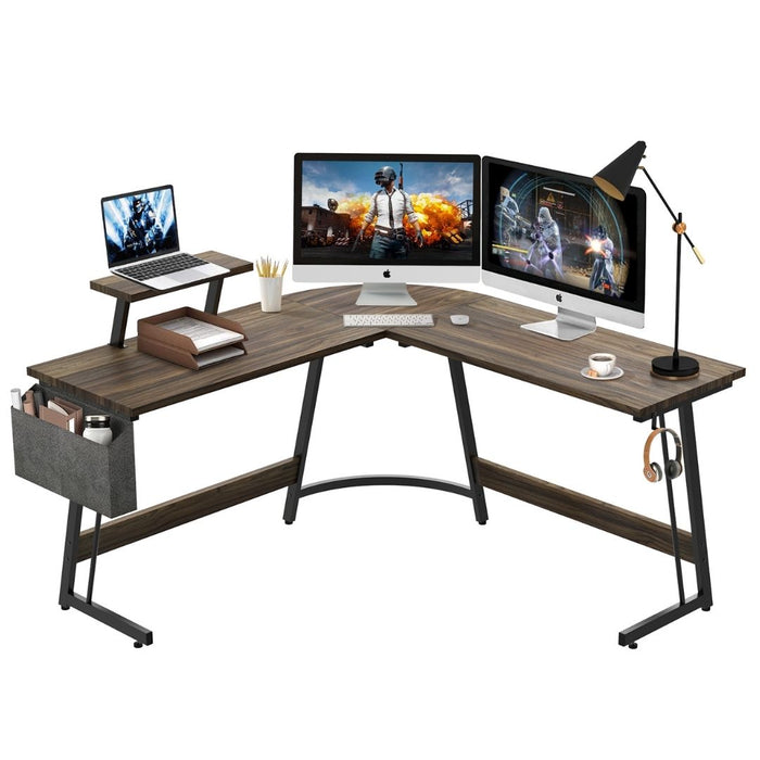L-Shaped Computer Corner Desk - With Monitor Stand and Storage Compartment - Rustic Brown Finish