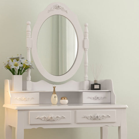 Makeup vanity table set with drawers, mirror and stool