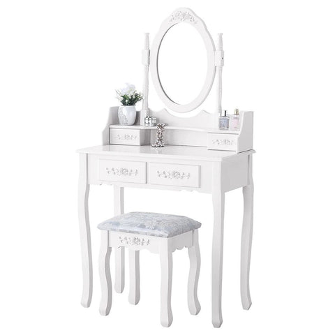 Makeup vanity table set with drawers, mirror and stool