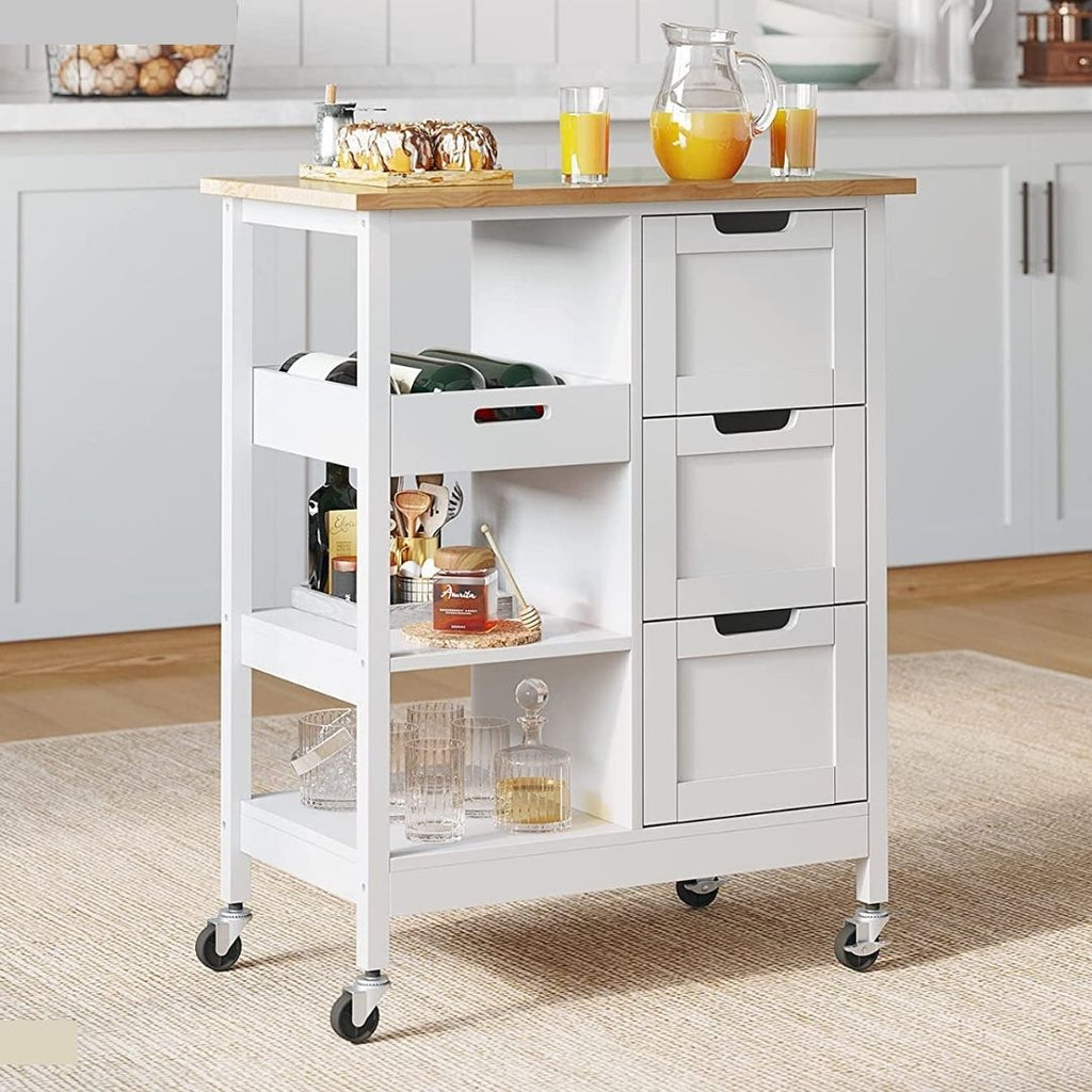 Rolling Kitchen island cart with storage - Trolley In white with solid wood top