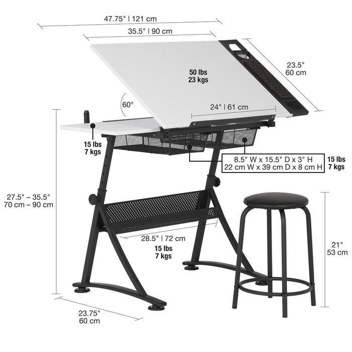 Drafting Table with Adjustable Glass Tabletop and Chair Set