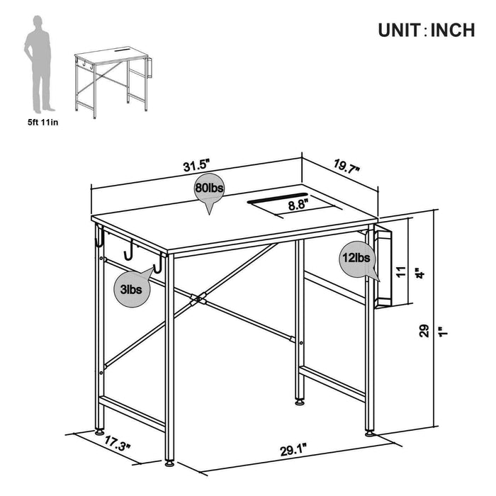 Small Computer Desk with Storage Bag and Side Hooks