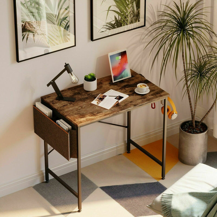 Small Computer Desk with Storage Bag and Side Hooks