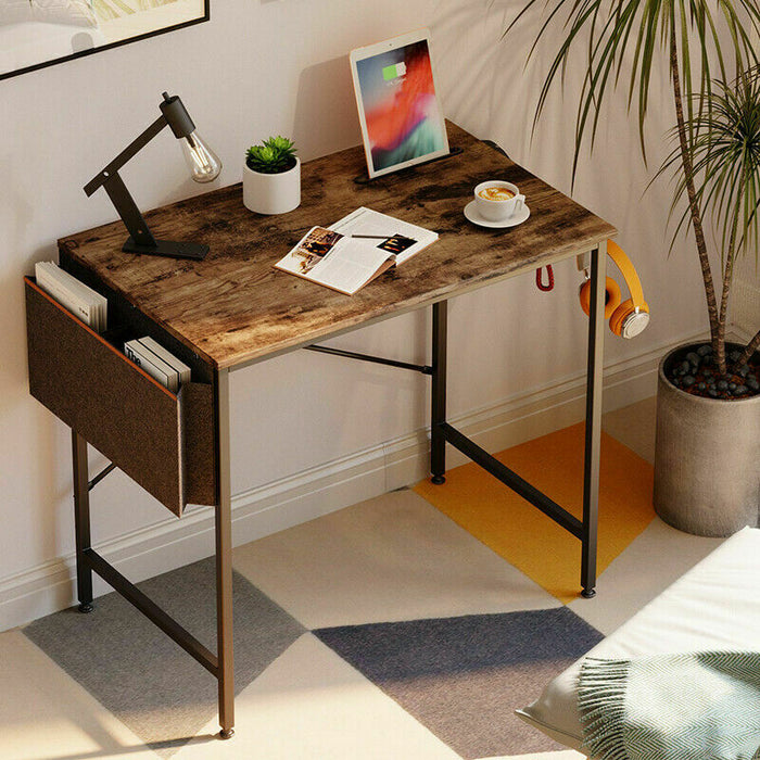 Small Computer Desk with Storage Bag and Side Hooks